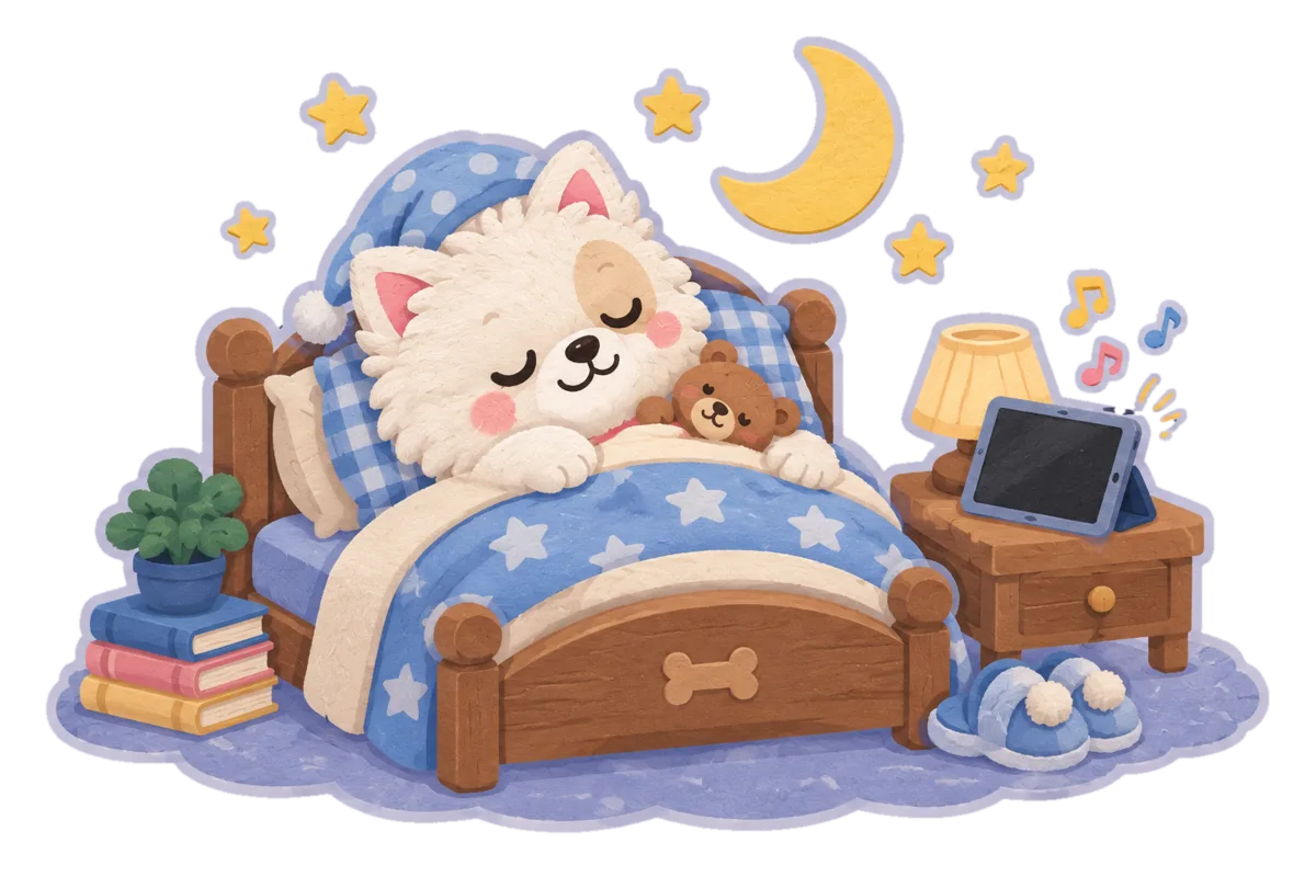 小波狗戴著睡帽睡在小床上,旁邊的平板只放出聲音